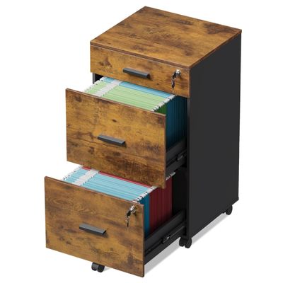 3 Drawer Rolling File Cabinet with Lock, Wood Filing Cabinet fits Letter / A4 Size for Home Office - 16.2" x 15.8" x 30.8"/Brown